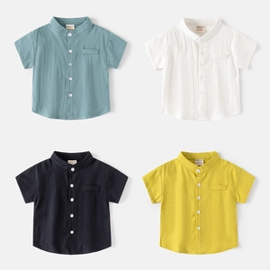 Kids Boys Short Sleeve Shirt Soft Cotton Mandarin Collar V Neck Summer Top Solid Color Casual Relaxed Fit Toddler Clothing