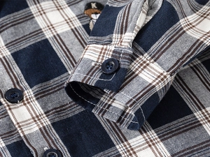 Detailed macro view of checkered fabric texture with small bear embroidery and dark buttons