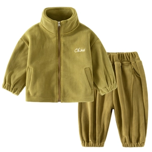 Kids warm polar fleece tracksuit set with zip-up jacket and pants in olive green