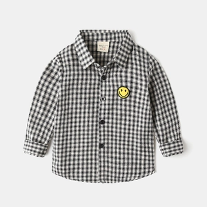 Boys Cotton Long Sleeve Plaid Shirt Casual Korean Style Cartoon Patch Button Up Top For Spring Autumn Kids School Clothing