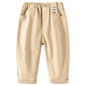 Casual khaki cotton trousers for boys with elastic waist and stylish fashion label detail