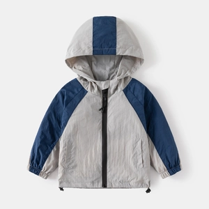 Boys Casual Sun Protection Jacket Hooded Color Block Zipper Windproof Coat For Kids Spring Summer Outdoor Lightweight Top