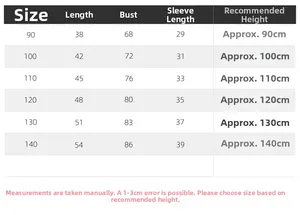 Size chart for children's lightweight jacket with measurements for length, chest and sleeve