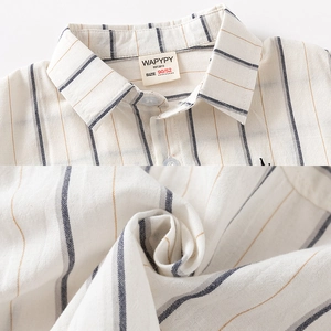 Short-sleeved striped cotton linen shirt for kids featuring a classic collar and soft texture