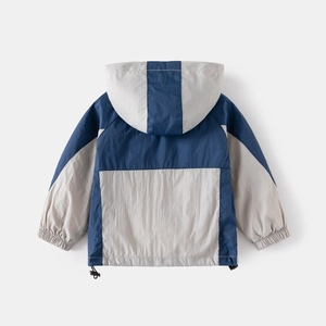 Kids color-block hooded windbreaker jacket with navy and beige paneling and elastic cuffs