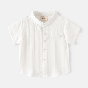 Classic white short sleeve V-neck shirt for boys in breathable textured fabric