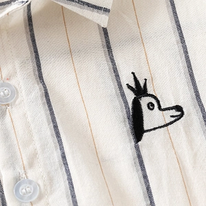 Short sleeve vertical striped cream shirt with cute dog embroidery and clear buttons