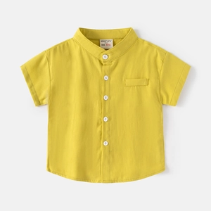 Kids bright yellow short sleeve cotton shirt with V-neck and white buttons detail