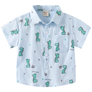 Short sleeve toddler shirt in light blue with dinosaur prints and classic collar