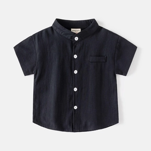 Toddler boy black short-sleeved cotton shirt with V-neck collar and white buttons