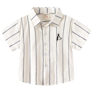 Kids short sleeve striped shirt in beige with cartoon puppy embroidery for summer fashion