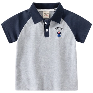 Boys short sleeve polo shirt with grey body, navy raglan sleeves and bear embroidery