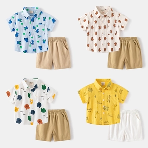 Toddler Boys 100% Cotton Short Sleeve Shirt And Shorts Set Summer Cartoon Animal Bear Dog Print Two Piece Outfit Set