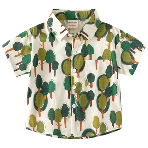 Boys short sleeve shirt with green abstract tree print on beige cotton fabric