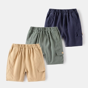 Boys Casual Cotton Blend Cargo Shorts Summer Breathable Solid Color Five-quarter Pants Elastic Waist Top With Pockets For Kids