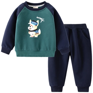 Boys two-piece set featuring dark green raglan sweatshirt with cartoon dog and navy pants