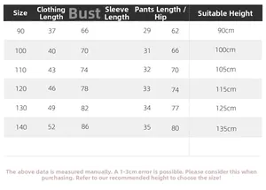 Detailed size chart for boys' short-sleeve shirt and shorts set with height guides