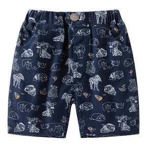 Short décontracté enfant bleu marine avec imprimé animaux et taille élastique été