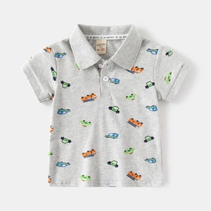 Kids grey short sleeve polo shirt with colorful cartoon vehicle prints for toddlers