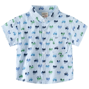 Short sleeve light blue cotton boys' shirt with colorful tractor pattern and small stand collar