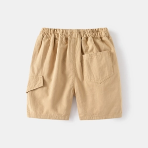 Detail of khaki cargo shorts showing the elastic waistband and functional side pocket