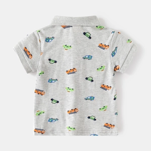 Kids grey short sleeve polo shirt with all-over cartoon vehicle print for boys