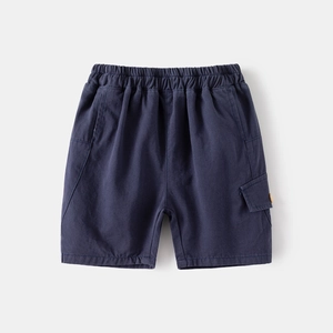Navy blue boys cotton cargo shorts with elastic waist and side pockets for summer
