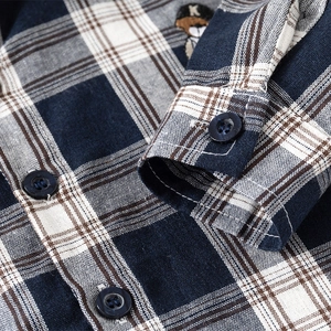 Classic blue plaid long sleeve cotton shirt for boys featuring cartoon bear embroidery