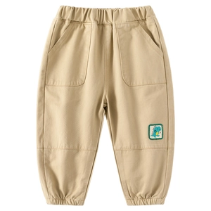Pantalon jogger kaki pour garçons avec broderie dinosaure verte et taille élastique