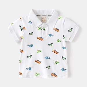 Kids short sleeve polo shirt with all-over cartoon car prints on white cotton fabric