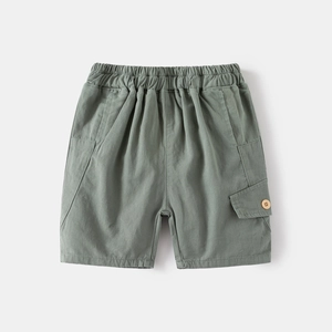 Flat lay of boy's sage green cotton cargo shorts with elastic waist and buttoned pocket