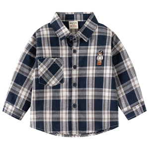 Classic blue and white checkered long sleeve shirt for boys with bear embroidery detail