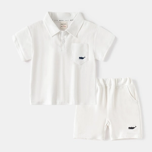 Toddler white cotton Polo shirt and shorts set with navy whale embroidery detail