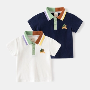 Boys Cotton Embroidered Polo Shirt Cartoon Monster Striped Collar Korean Style Summer Toddler Kids Short Sleeve Fashion Top