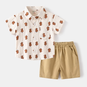 Toddler boys casual short sleeve shirt and shorts set with cute puppy print patterns