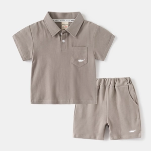 Kids short sleeve polo shirt and shorts set in taupe cotton with whale embroidery