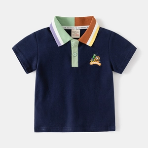 Dark blue cotton boys' polo shirt with colorful striped collar and cartoon embroidery