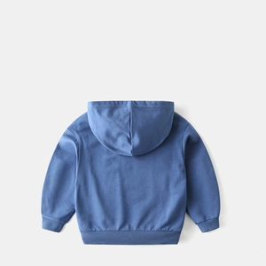 Rear view of children's blue hooded sweatshirt showing ribbed cuffs and soft fabric