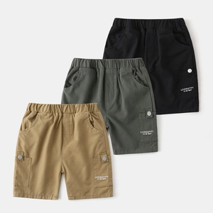 Boys Cotton Cargo Shorts Summer Casual Elastic Waist Multi Pocket Letter Print Half Pants Korean Style Kids Bottoms
