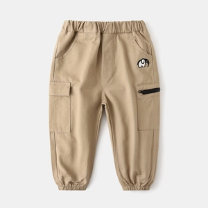 Detailed view of kids cargo joggers with elastic waist and small elephant embroidery