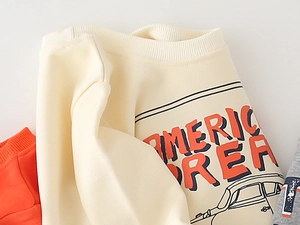 Detail of ribbed round neck and vintage American Dream car print on beige kids sweatshirt