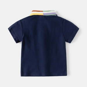 Classic dark blue boy's polo shirt featuring a colorful striped collar and flat-knit fabric