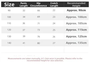Detailed size chart for kids embroidered shorts showing pants length and hip measurements