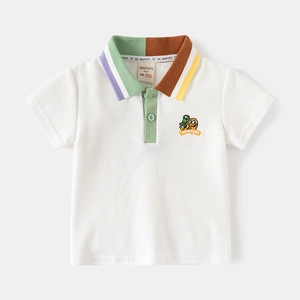 White cotton kids polo shirt with multi-color striped collar and cartoon embroidery