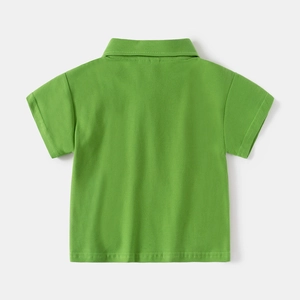 Back view of child's green short-sleeved polo shirt with fine knitted texture