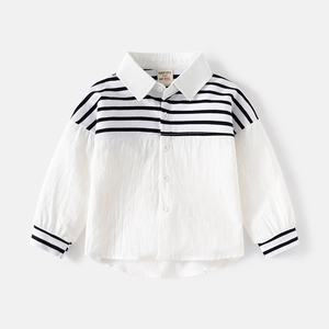 White long-sleeved kids' shirt with classic black stripes and button-down collar design