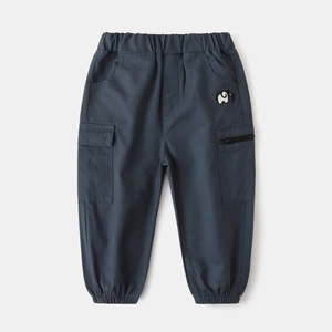 Kids grey-blue cargo pants with elephant embroidery and elastic waist for boys