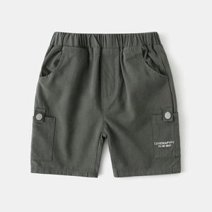 Boy's casual cargo shorts in dark olive with elastic waist and white letter printing