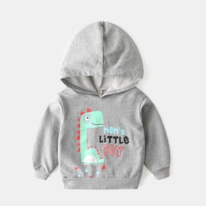 Toddler light grey dinosaur hoodie with Mom's Little Boy slogan and ribbed cuffs