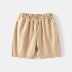 Detailed view of khaki cotton boys shorts with comfortable elastic waistband and smooth seams